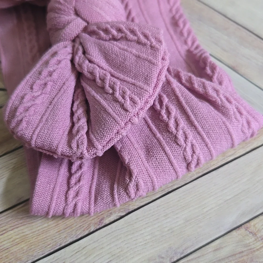 Boho Bowknot Headband Cable Knit Baby Girl Nylon Mauve Kids Handmade Hair Band